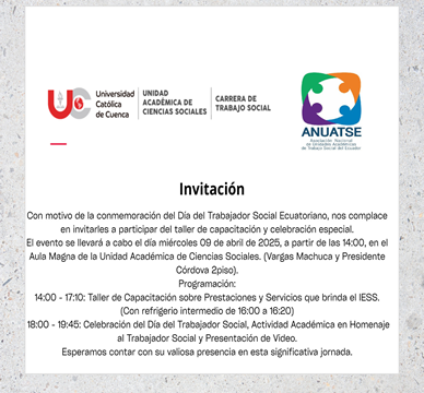 INVITACION: Celebración del Día del Trabajador Social,Actividad Académica en Homenaje alTrabajador Social Y presentación de Video – Universidad Católica de Cuenca